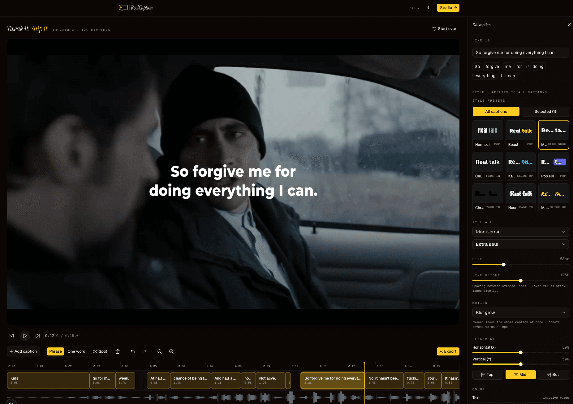 ReelCaption styling panel with fonts, colors, glow, and style presets