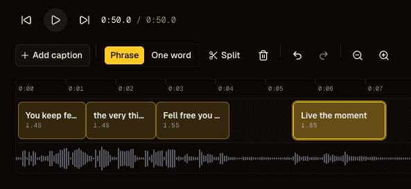 ReelCaption timeline editor with caption clips on an audio waveform